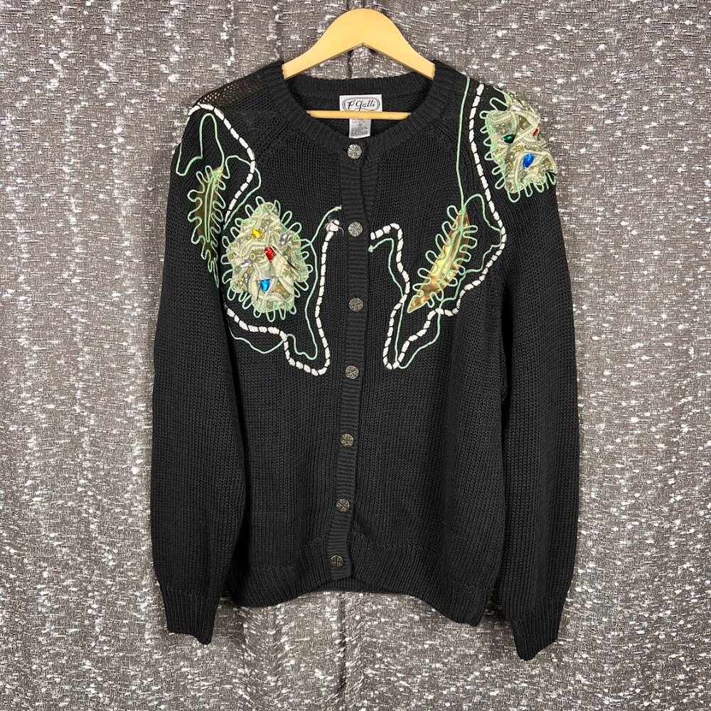 Vintage P' Galli Black Abstract Decorative‎ Jeweled Ribbon Button Up Sweater